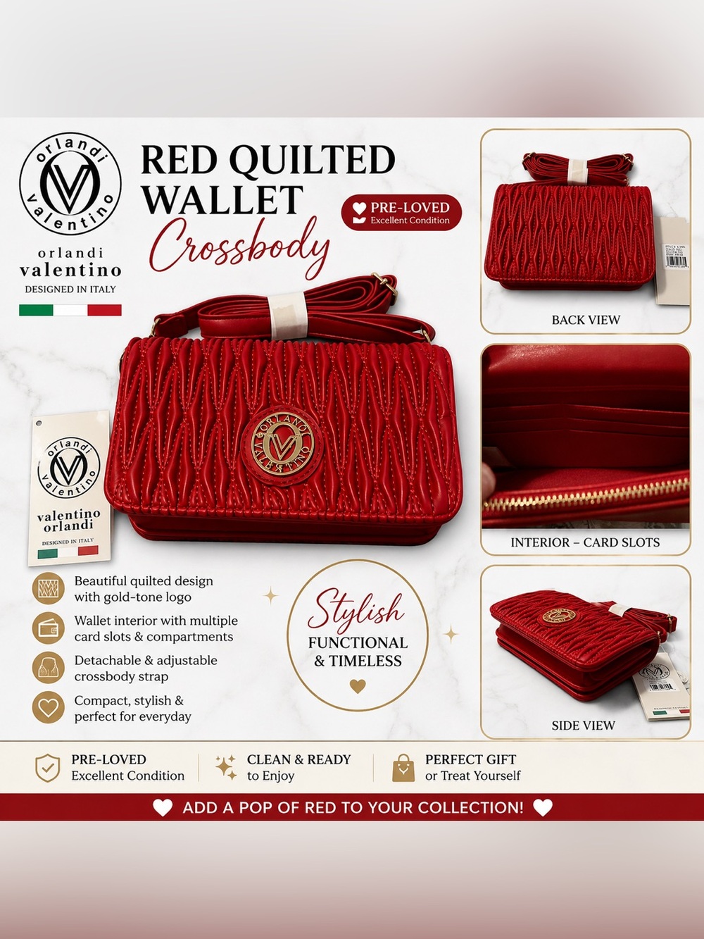 Valentino Orlandi Red Quilted Wallet Crossbody Bag Gold Tone NWT